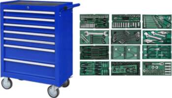 Roller cabinet with tool set trays