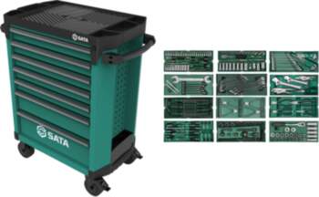 Roller cabinet with tool set trays