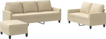 3-TLG. Sofagarnitur mit Hocker Creme Stoff