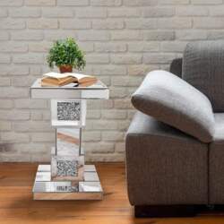 Silver Mirrored Side Table with Crystal
