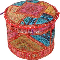 Cotton Embroidered Mirror Patchwork Ottoman Stool