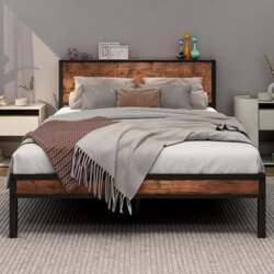 Double Bed Frame with Wooden Shelf