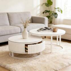Round Coffee Table, White, Set of