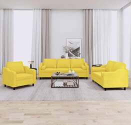 3-TLG. Sofagarnitur Hellgelb Stoff mit Sessel