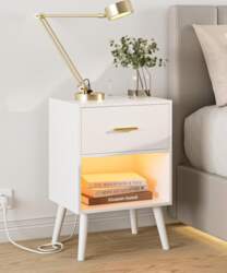 Bedside Table with Socket, White Bedside