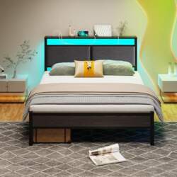 Double Bed Frame, Metal Platform, Upholstered