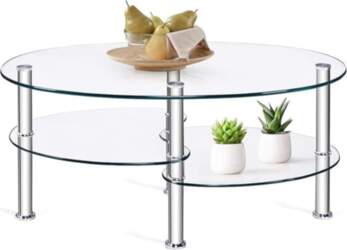 DREAMADE Glass Oval Coffee Table, Sofa