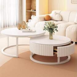 Round Coffee Table, White, Set of