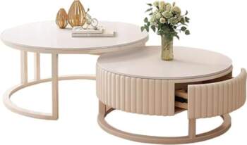 Round Coffee Table, White, Set of