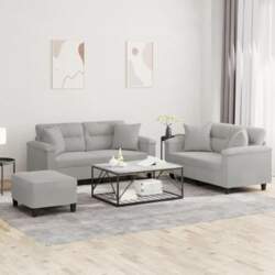 3-TLG Sofagarnitur Hellgrau Mikrofasergewebe 2-Sitzer Sofa