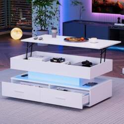 Hydraulic Height-Adjustable Coffee Table with LED