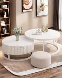 Round Coffee Table, White, Set of