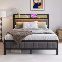 Bed Frame with LED, Charging Station