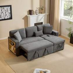 L-Shaped Sofa with Bed Function, Linen