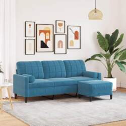 3 Seater Sofa with Stool, Blue