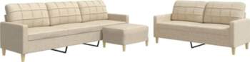 3-TLG. Sofagarnitur mit Fußhocker Creme Stoff