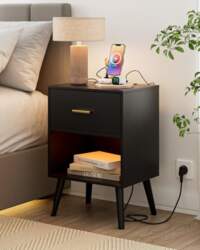Bedside Table with Socket, Black Bedside