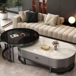 Modern Oval Stone Coffee Table Set