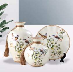 3x Classical Decorative Ceramic Vases Bird