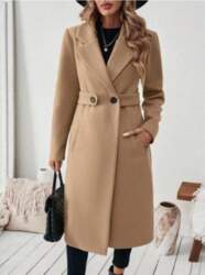 Womens Wool Blend Double-Breasted Long Coat