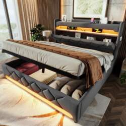 Upholstered Double Bed 160*200, Storage Headboard