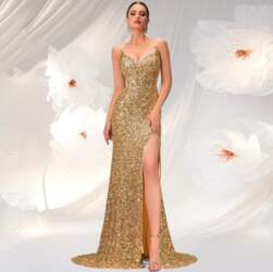 Explosive gold sequined dress split fork