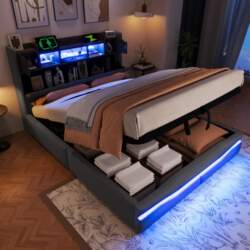 Upholstered Bed, 140x200cm, with USB C