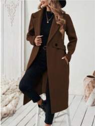 Womens Wool Blend Double-Breasted Long Coat