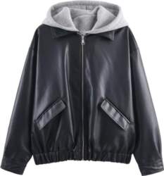 Womens Oversized Faux Leather Patchwork Hooded