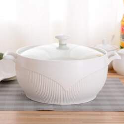 Embossed White Ceramic Soup Pot with