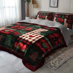 3pcs Christmas Tree & Plaid Bedspread