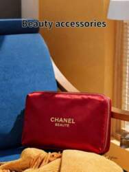 CHANEL Red Satin  Rectangular Makeup Pouch