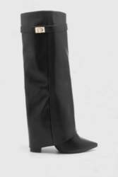 Black Pointed Toe Chunky Heel Fold