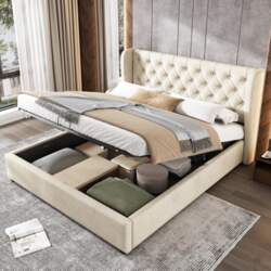 Upholstered Wingback Velvet Bed with Large