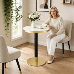 Modern Round Side Table, Marble-Look Tabletop