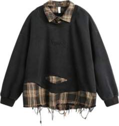 Unisex Oversized Plaid Patchwork Distressed Turn-Down