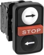White flush/red projecting/black flush triple-headed pushbutton