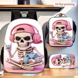 Gaming Skeleton Print Backpack Set with