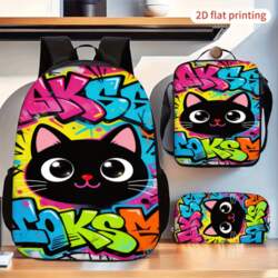 3-Piece Backpack Set: Graffiti Black Cat
