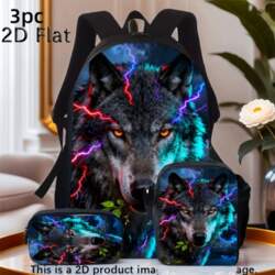 Cool Lightning Wolf Print Backpack Set