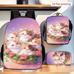 Multi-Kitten Flower Basket Pattern Backpack Set