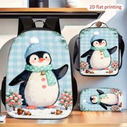 Winter Penguin Blue Plaid Backpack Combo: