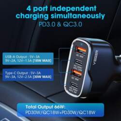 VEGER auto lādētājs 2xUSB + 2xType
